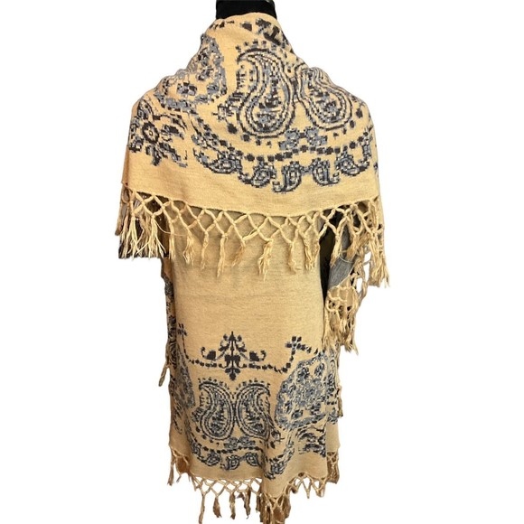 Vintage Acrylic Vest/shaw‎ Tan/Blue Fringe Small-Medium - Picture 2 of 5